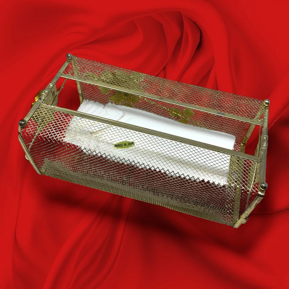 Vtg Hollywood Regency Gold Metal Mesh Tissue Box Cover Holder Floral Roses MCM